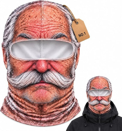 Funny face ski mask with moustache print on white background