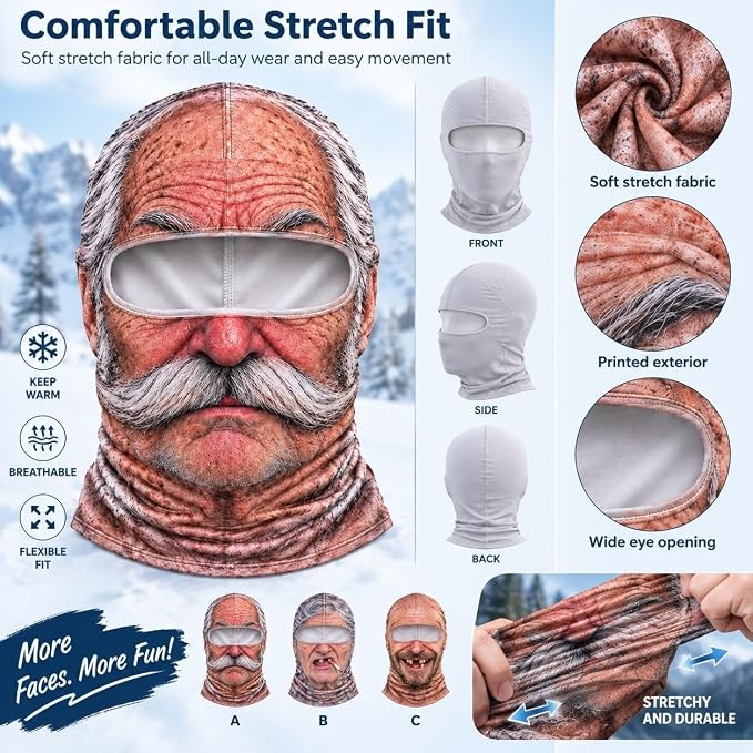 Stretch fit and close-up details of printed ski mask