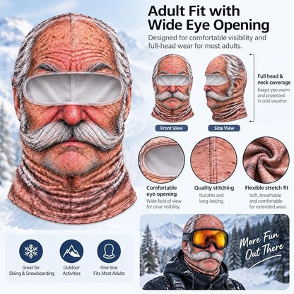 Three printed funny face ski mask styles
