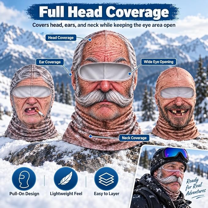 Full head ear and neck coverage on funny face balaclava