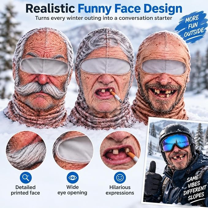 Funny face ski masks worn with goggles outdoors