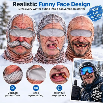 Funny face ski masks worn with goggles outdoors