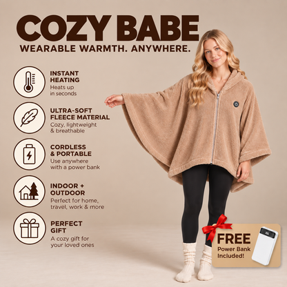Cozy Babe beige heated fleece wearable blanket with zip front and feature overview