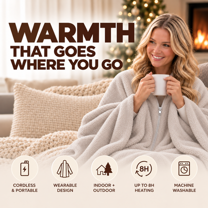 Woman wearing a grey Cozy Babe heated fleece wrap while relaxing on a sofa