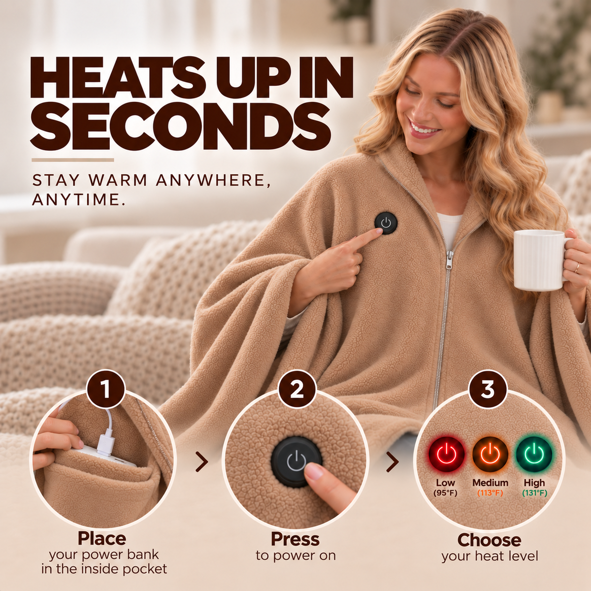 Cozy Babe heating instructions showing inside power-bank pocket and three heat settings