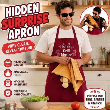 Red holiday apron with adjustable strap and concealed surprise pocket
