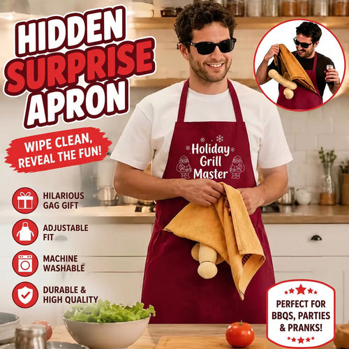 Red holiday apron with adjustable strap and concealed surprise pocket