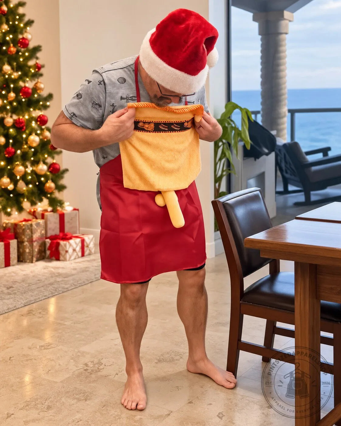 Festive Holiday Grill Master apron with prank pocket detail